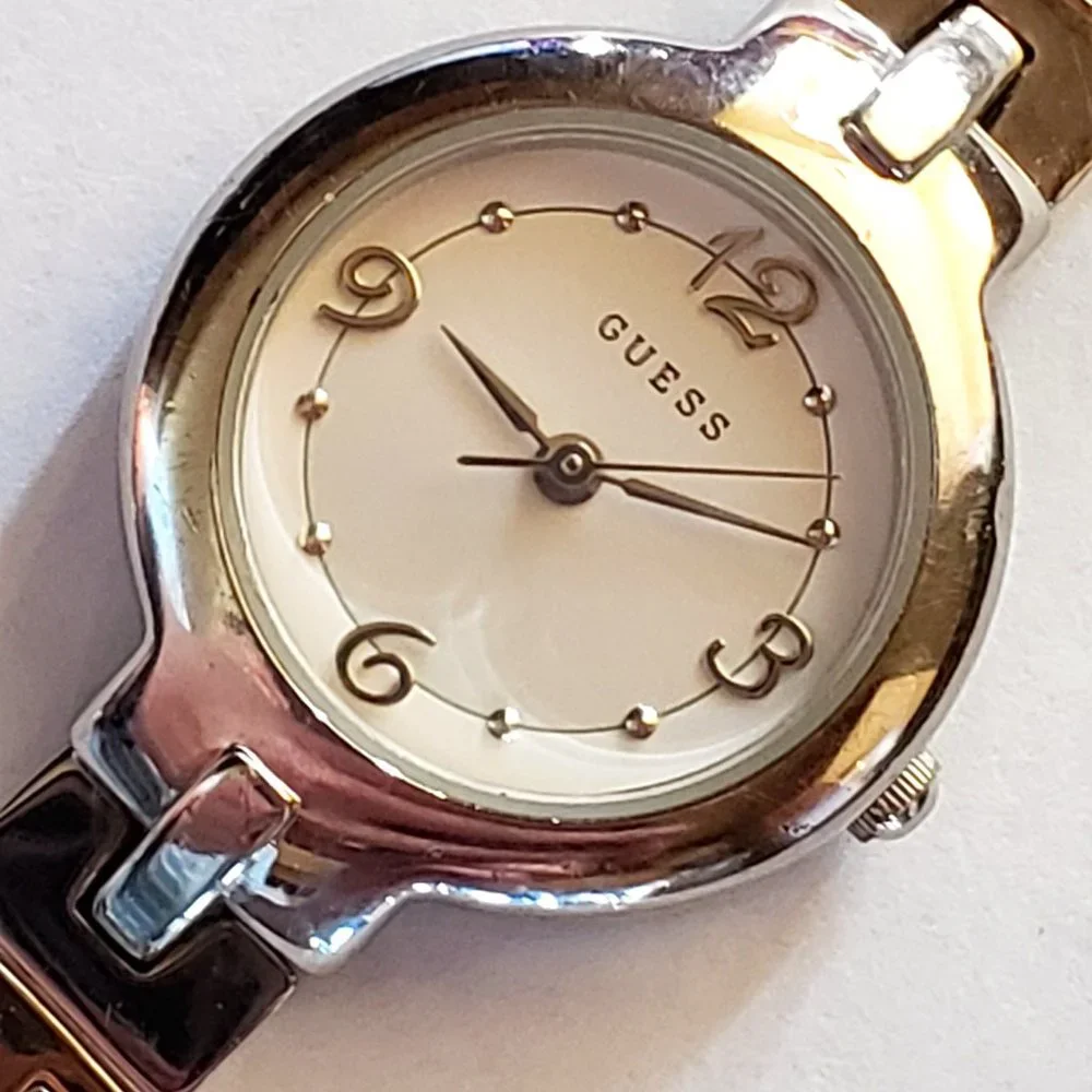 GUESS Two Tone Quartz Gold Silver Band White Face Easy to Read Ladies Watch